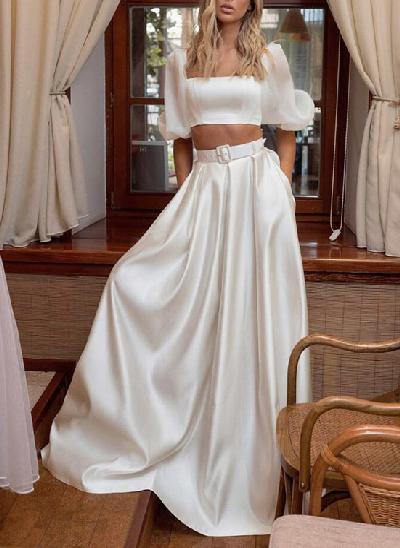 2pcs A-line flutter sleeves Square Neckline Wedding Dress 