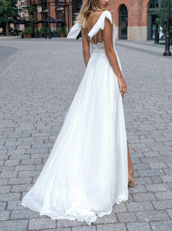 A-Line Chiffon V-Neck Bow Wedding Dress With Split Front 