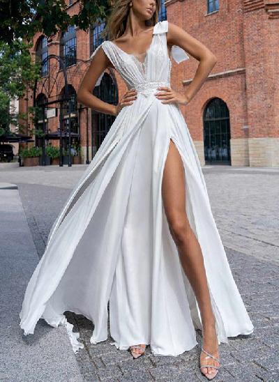 A-Line Chiffon V-Neck Bow Wedding Dress With Split Front 