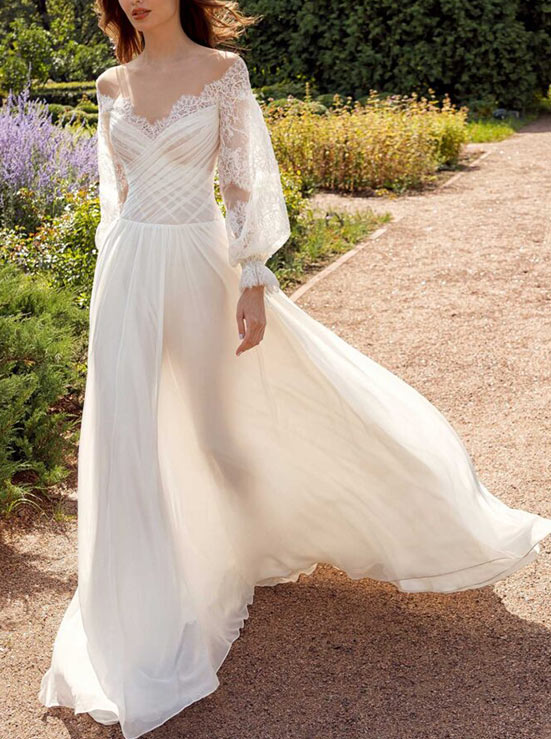 A-Line Off-the-Shoulder Long Sleeves Wedding Dress With Pleating 