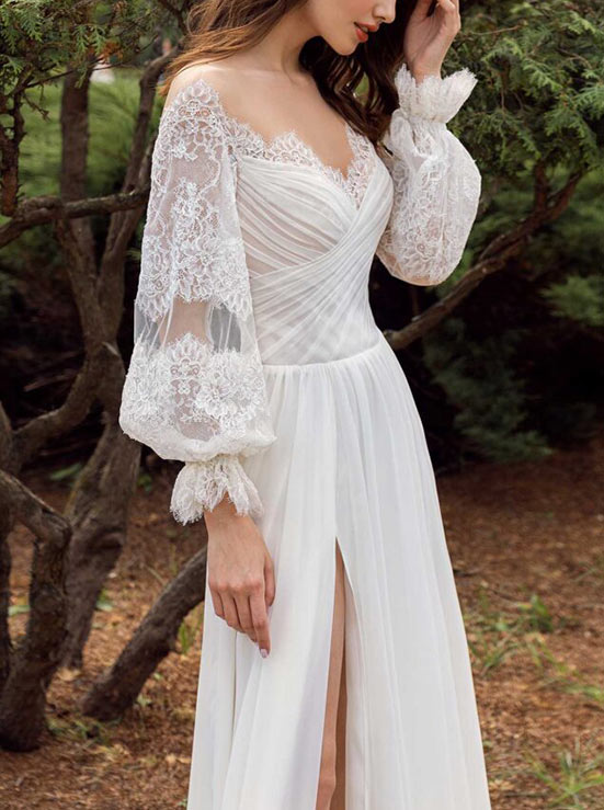 A-Line Off-the-Shoulder Long Sleeves Wedding Dress With Pleating 
