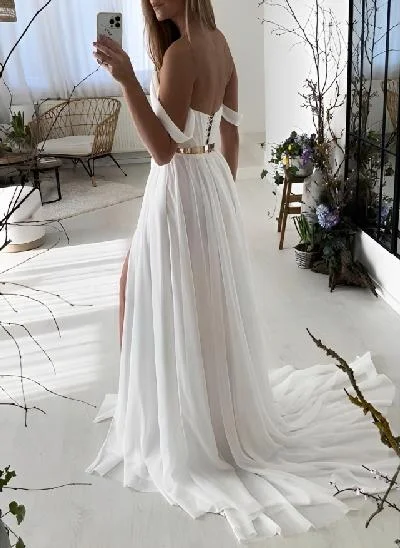A-Line Sweep Train Off-The-Shoulder Chiffon Wedding Dress