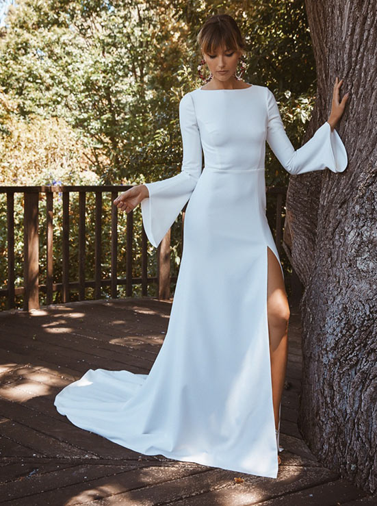 A-Line Long Sleeves Elastic Satin Long Wedding Dress
