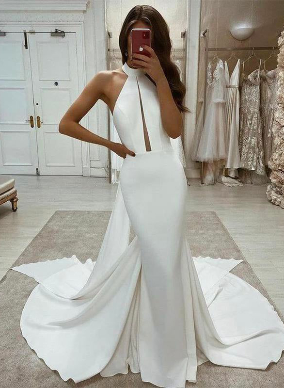 Modern Mermaid High Neck Wedding Dresses With Open Back