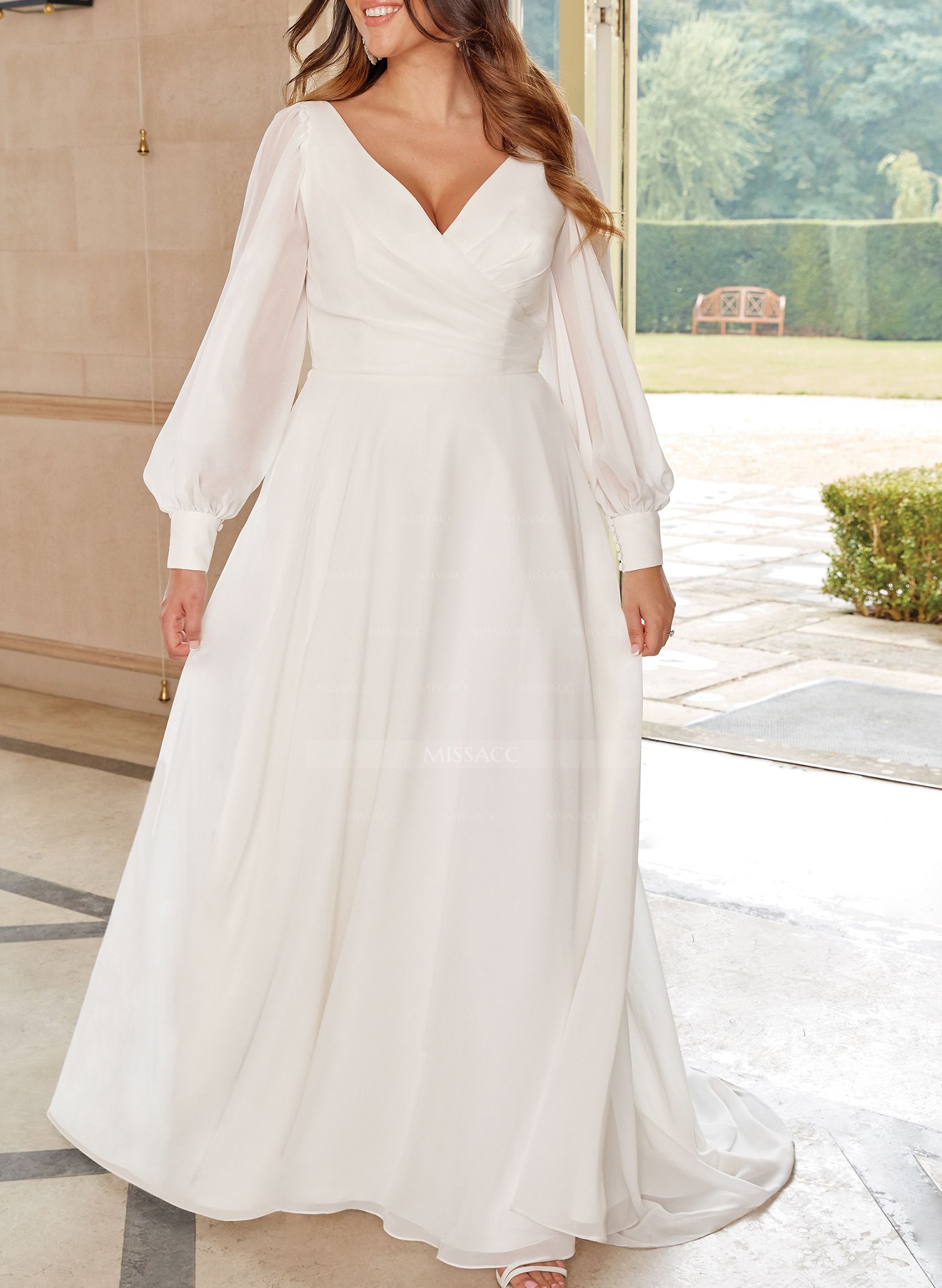 Simple Long Sleeves V-Neck Wedding Dresses