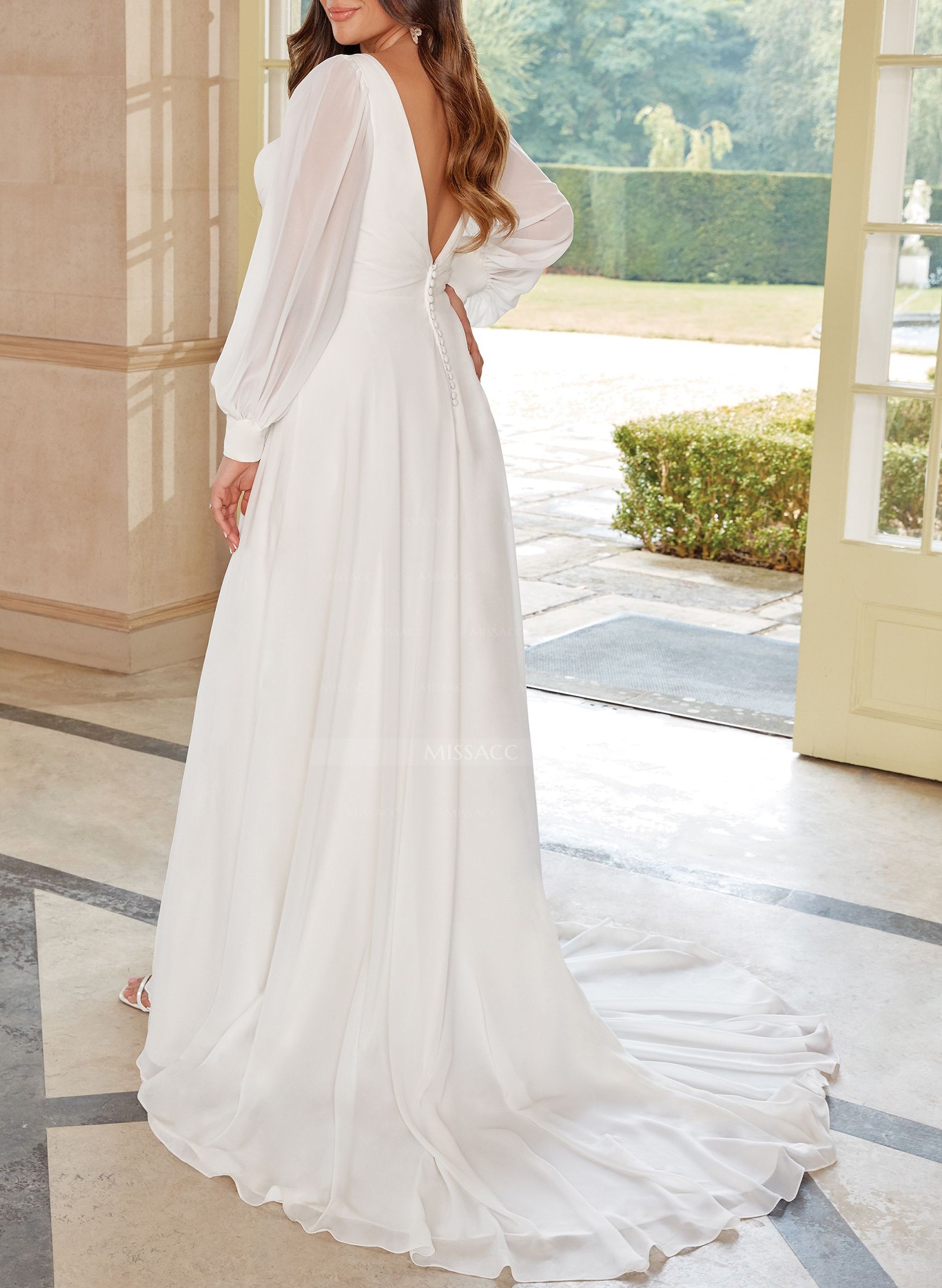 Simple Long Sleeves V-Neck Wedding Dresses