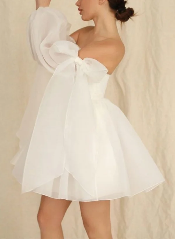 short wedding dress with bow on back Illusion 3/4 Sleeves Custom Lace Satin Boat Neck Short Bridal Dress