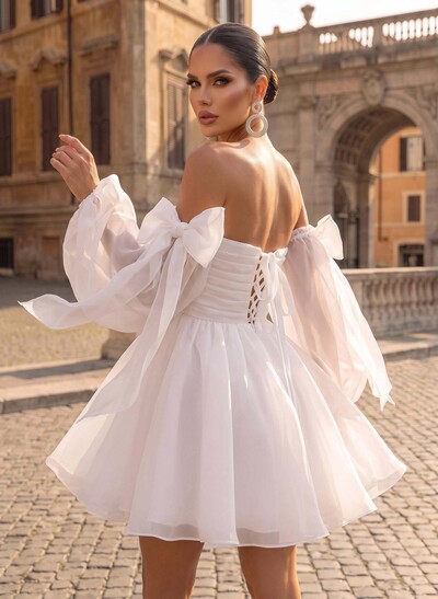 Princess Puff Long Sleeves Short Wedding Dresses With Bows