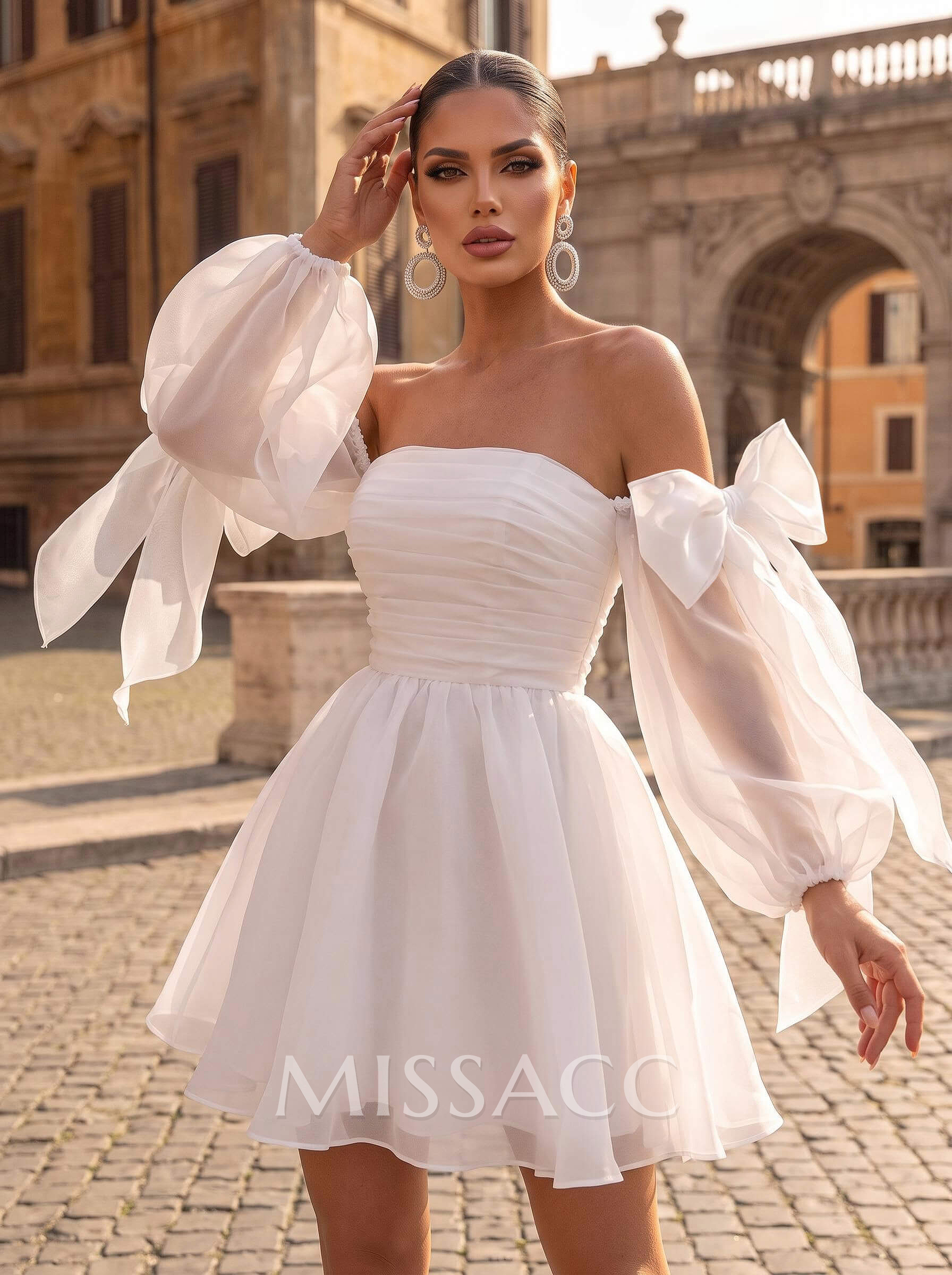 Princess Puff Long Sleeves Short Wedding Dresses With Bows Princess Puff Long Sleeves Short Wedding Dresses With Bows
