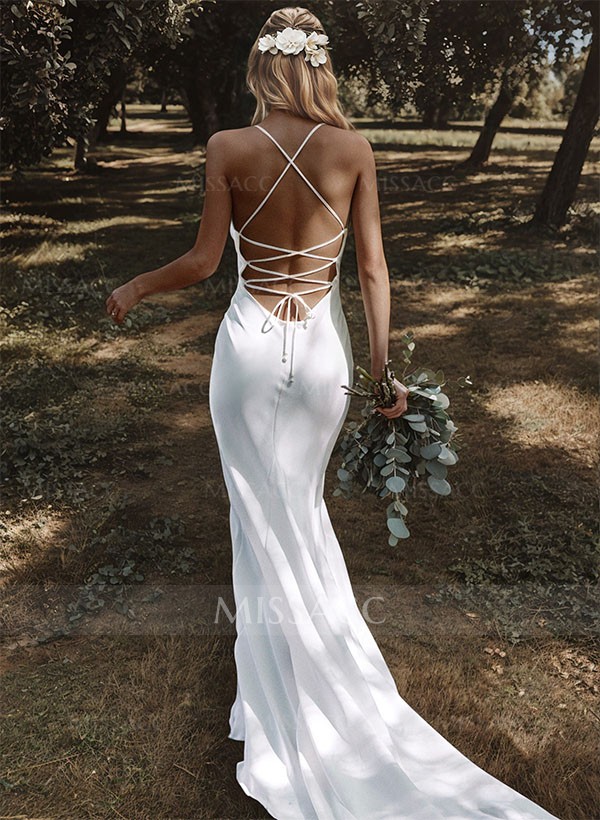 Sex Open Back Mermaid Cowl Neck Wedding Dresses With Satin