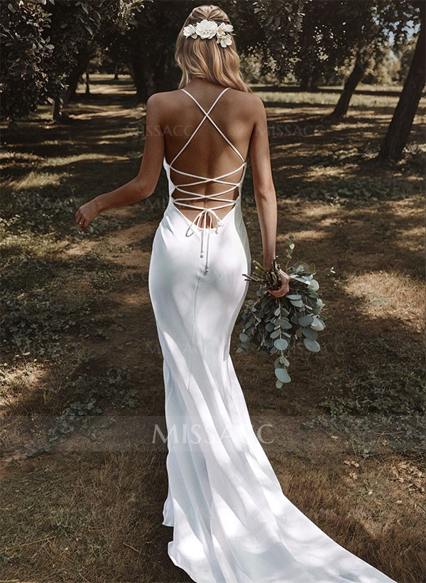 Sex Open Back Mermaid Cowl Neck Wedding Dresses With Chiffon