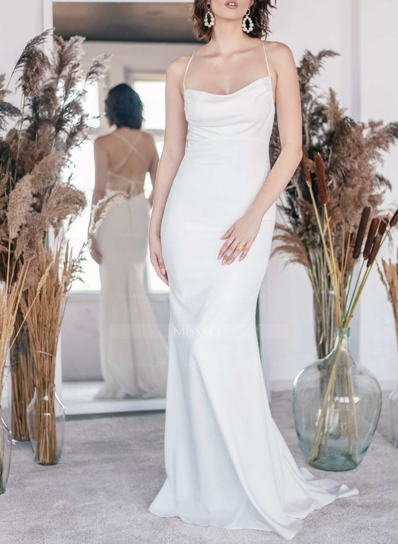 Sex Open Back Mermaid Cowl Neck Wedding Dresses With Chiffon