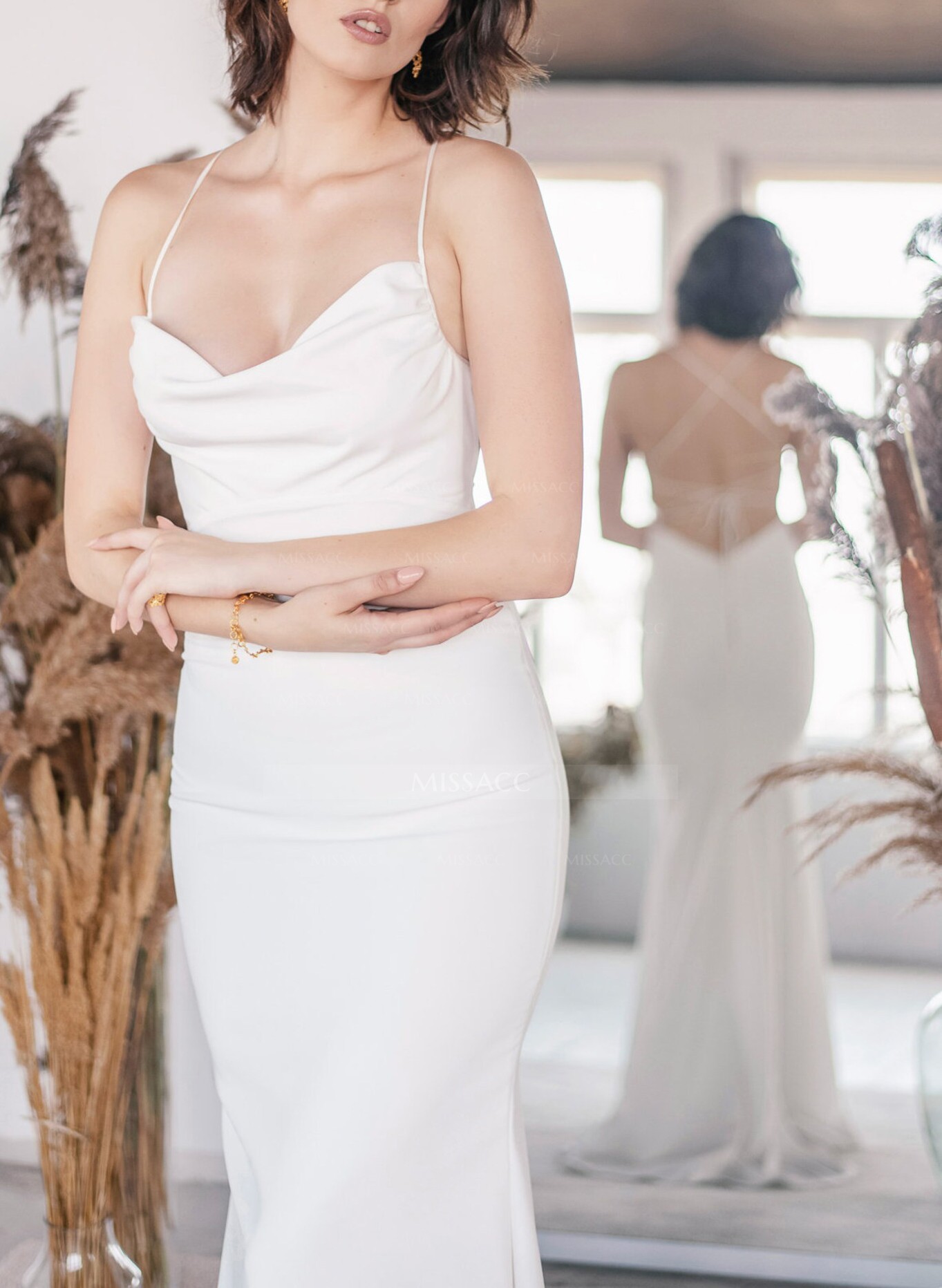 Sex Open Back Mermaid Cowl Neck Wedding Dresses With Chiffon