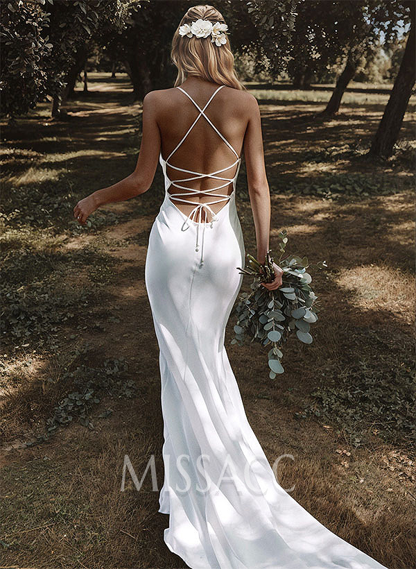Sex Open Back Mermaid Cowl Neck Wedding Dresses With Stretch Chiffon