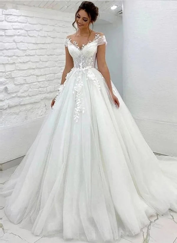 Ball-Gown Tulle Lace Short Sleeves Sweep Train Wedding Dresses