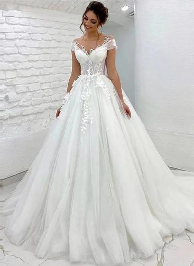 Ball-Gown Tulle Lace Short Sleeves Sweep Train Wedding Dresses