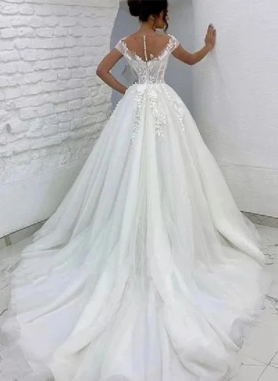 Ball-Gown Tulle Lace Short Sleeves Sweep Train Wedding Dresses