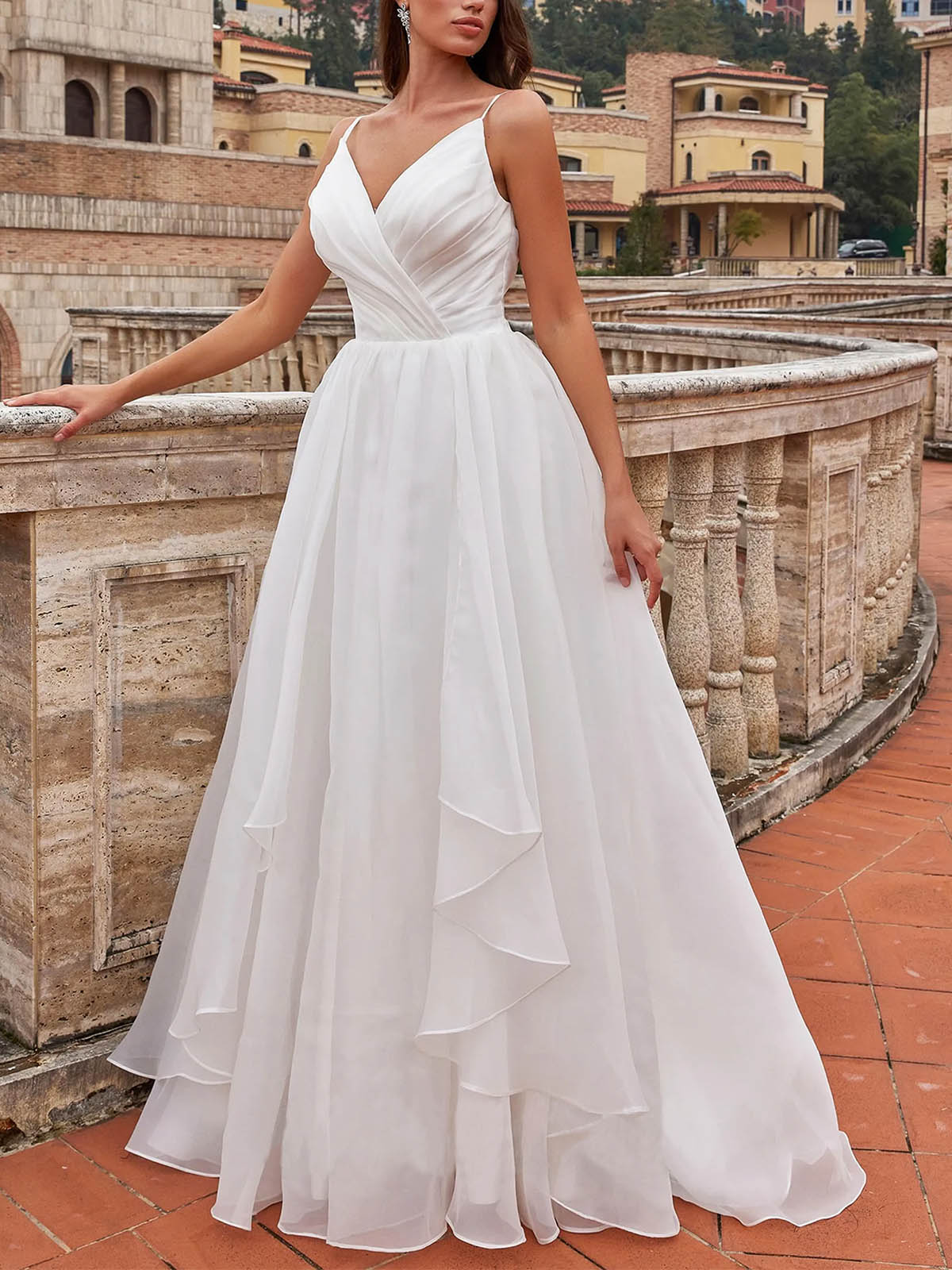 Princess A-Line V Neck Sleeveless Organza Sweep Train Wedding Dress With Ruffles Princess A-Line V Neck Sleeveless Organza Sweep Train Wedding Dress With Ruffles