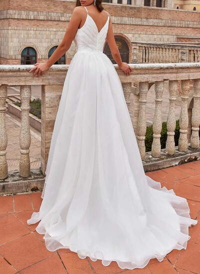 Princess A-Line V Neck Sleeveless Organza Sweep Train Wedding Dress With Ruffles
