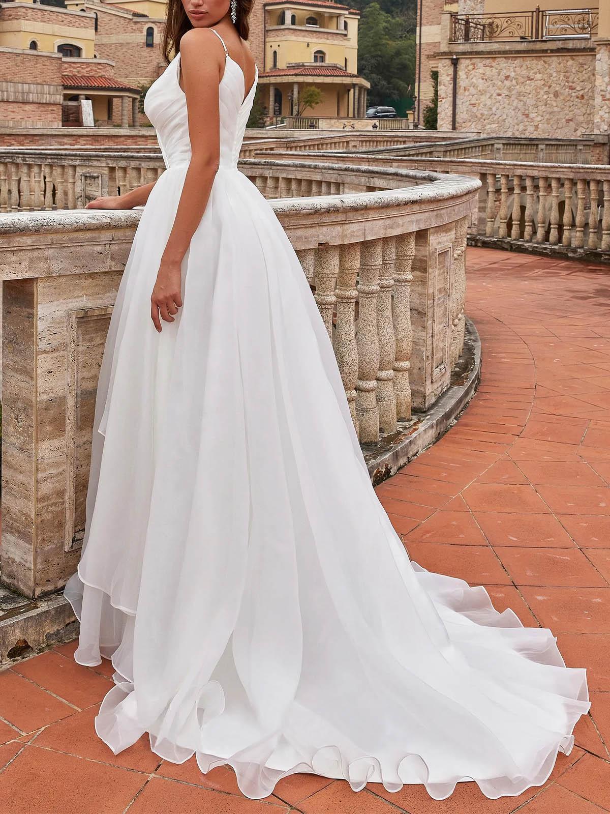 Princess A-Line V Neck Sleeveless Organza Sweep Train Wedding Dress With Ruffles Princess A-Line V Neck Sleeveless Organza Sweep Train Wedding Dress With Ruffles