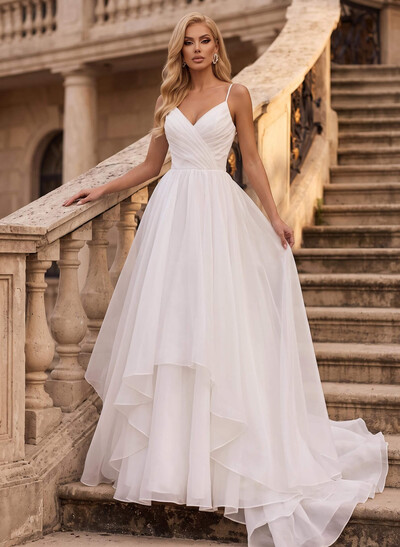 Princess A-Line V Neck Sleeveless Organza Sweep Train Wedding Dress With Ruffles