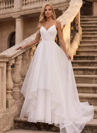 Princess A-Line V Neck Sleeveless Organza Sweep Train Wedding Dress With Ruffles