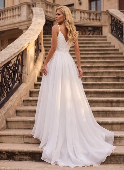 Princess A-Line V Neck Sleeveless Organza Sweep Train Wedding Dress With Ruffles