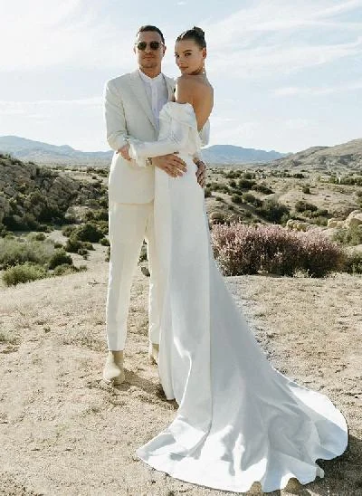 Long Sleeves Silk like Satin Sweep Train Wedding Dress