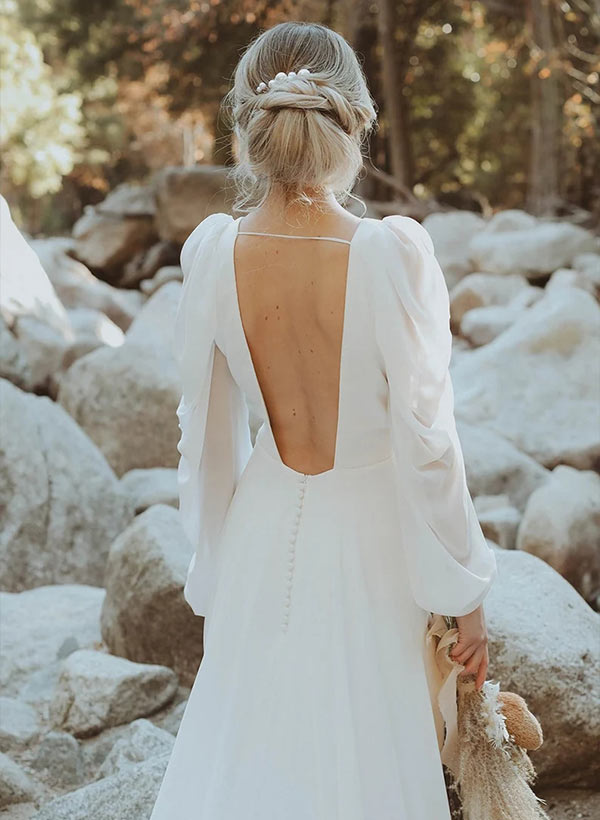 A line long sleeve wedding dress Chiffon V neck wedding dress with open back