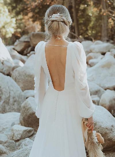 A line long sleeve wedding dress Chiffon V neck wedding dress with open back