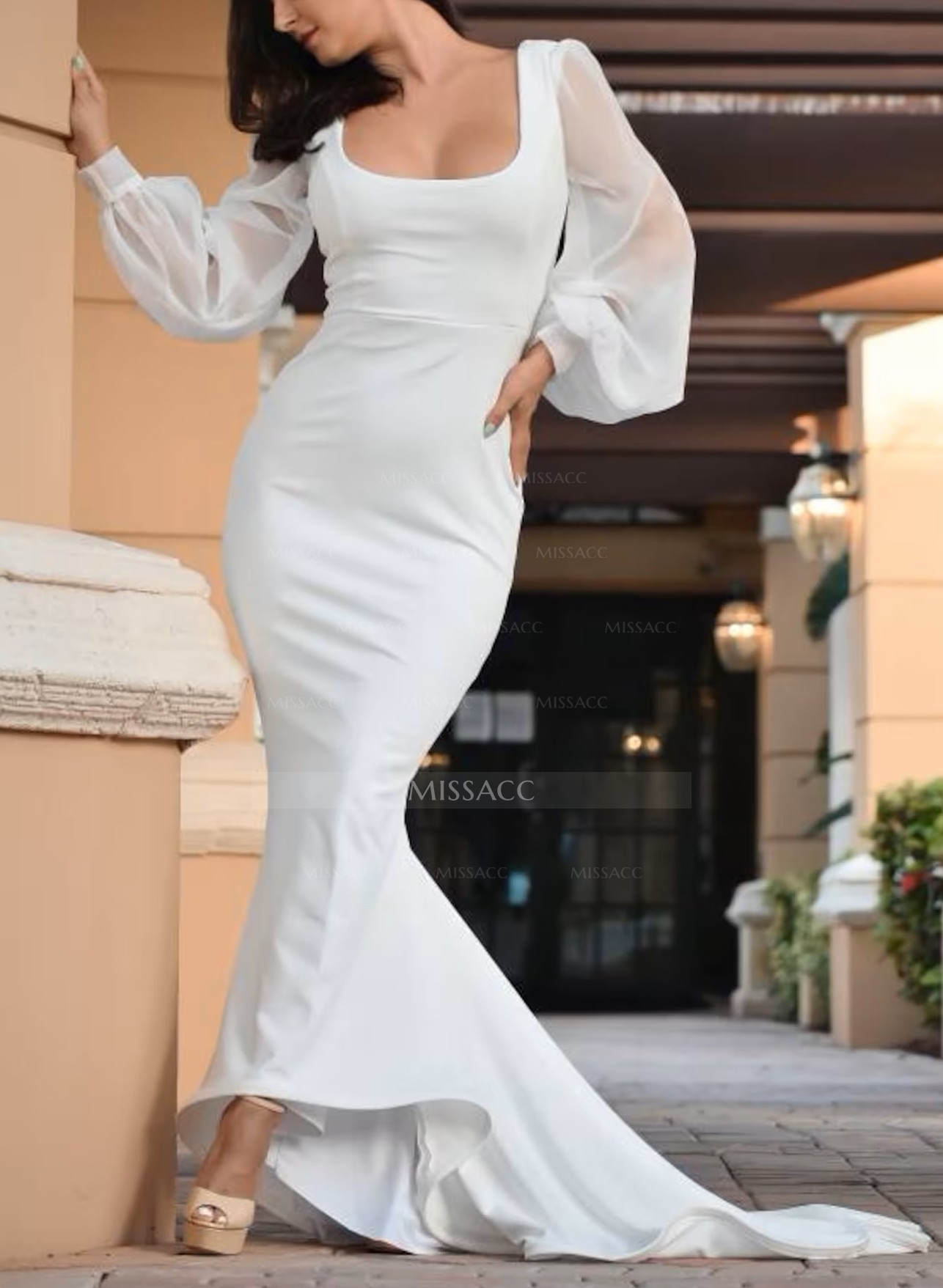 Square Neckline Mermaid Wedding Dresses With Long Sleeves