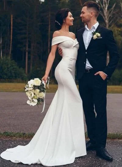 Trumpet/Mermaid Off-The-Shoulder Sleeveless Sweep Train Satin Wedding Dresses