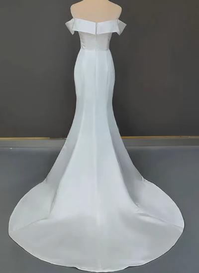 Mermaid/Trumpet Off-The-Shoulder Sleeveless Satin Wedding Dresses With Sweep Train