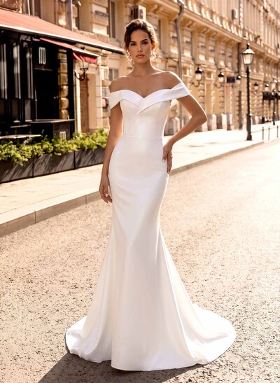 Satin Mermaid/Trumpet Off-The-Shoulder Sleeveless Wedding Dresses With Sweep Train