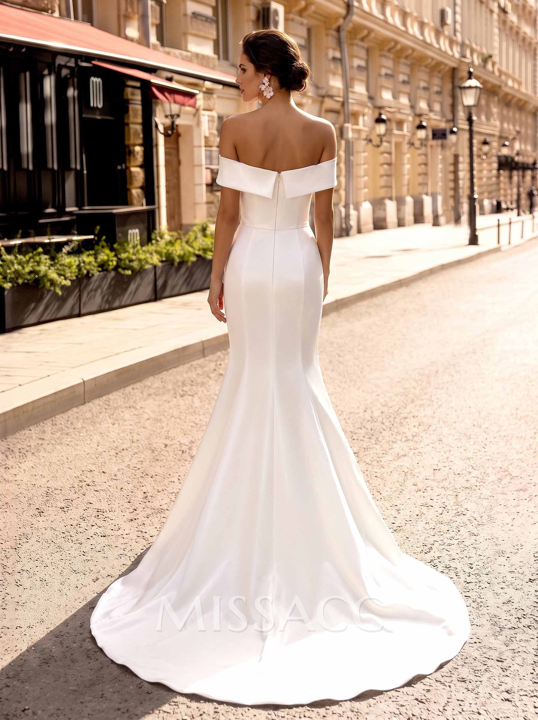 Satin Mermaid/Trumpet Off-The-Shoulder Sleeveless Wedding Dresses With Sweep Train