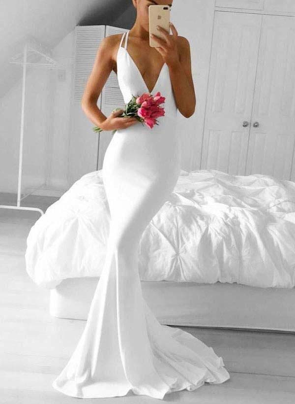 Sexy Low Back Mermaid Wedding Dresses With Deep V-Neck