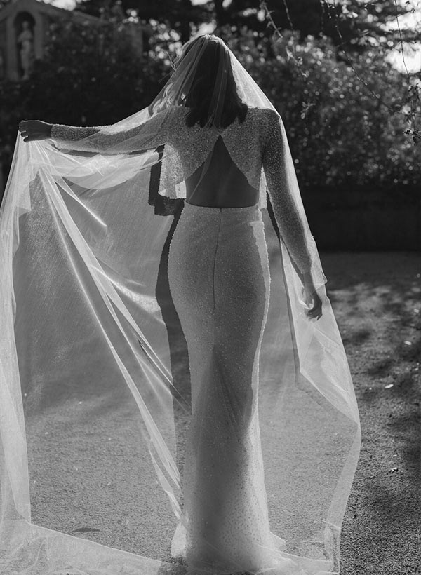 Sheath/Column Sequined Long Sleeves Scoop Neck Wedding Dress