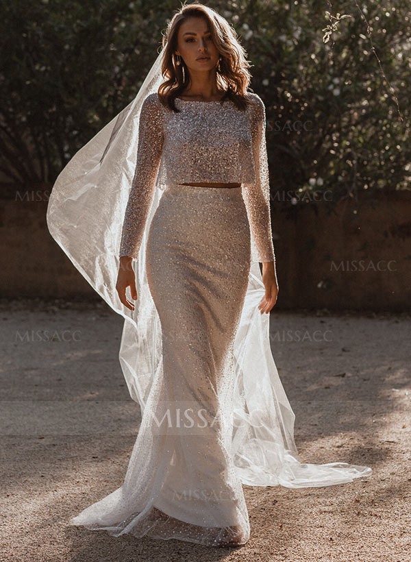 Sheath/Column Sequined Long Sleeves Scoop Neck Wedding Dress