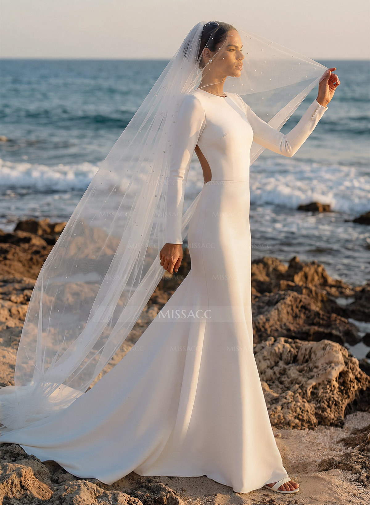 Mermaid Long Sleeves Elastic Satin Wedding Dress