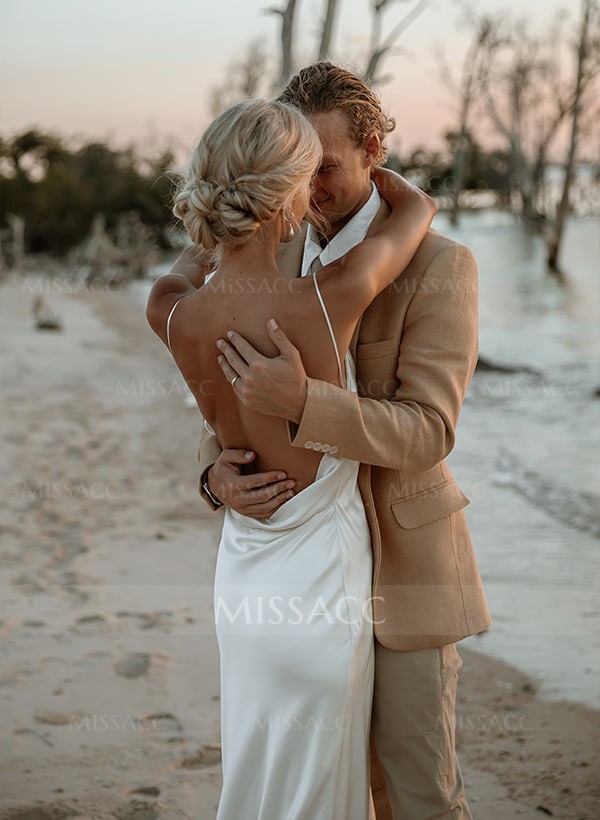 Beach Open Back Silk Like Satin Spaghetti Straps Wedding Dress