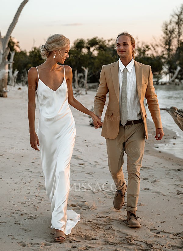 Beach Open Back Silk Like Satin Spaghetti Straps Wedding Dress