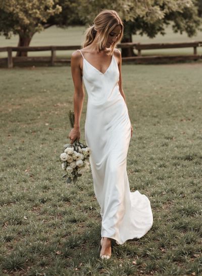 Beach Open Back Silk Like Satin Spaghetti Straps Wedding Dress