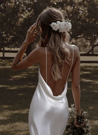 Beach Open Back Silk Like Satin Spaghetti Straps Wedding Dress