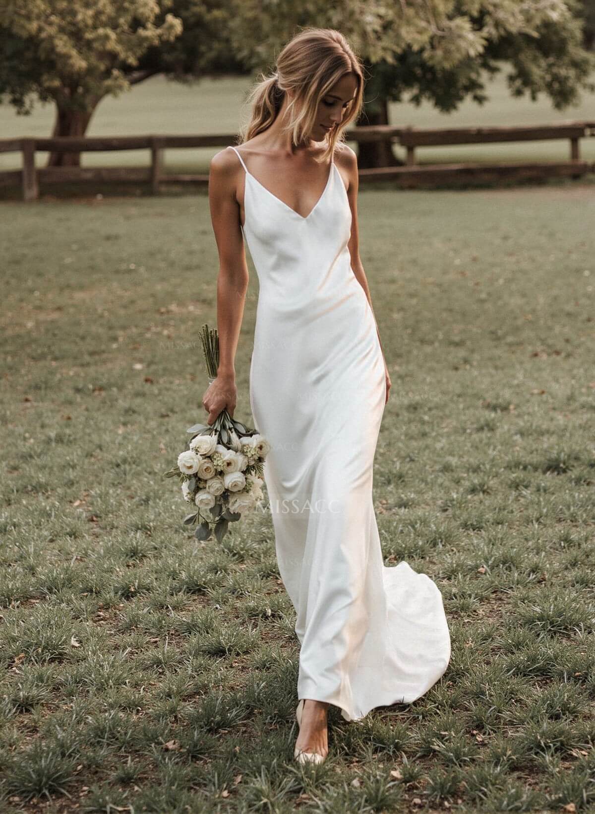 Beach Open Back Silk Like Satin Spaghetti Straps Wedding Dress