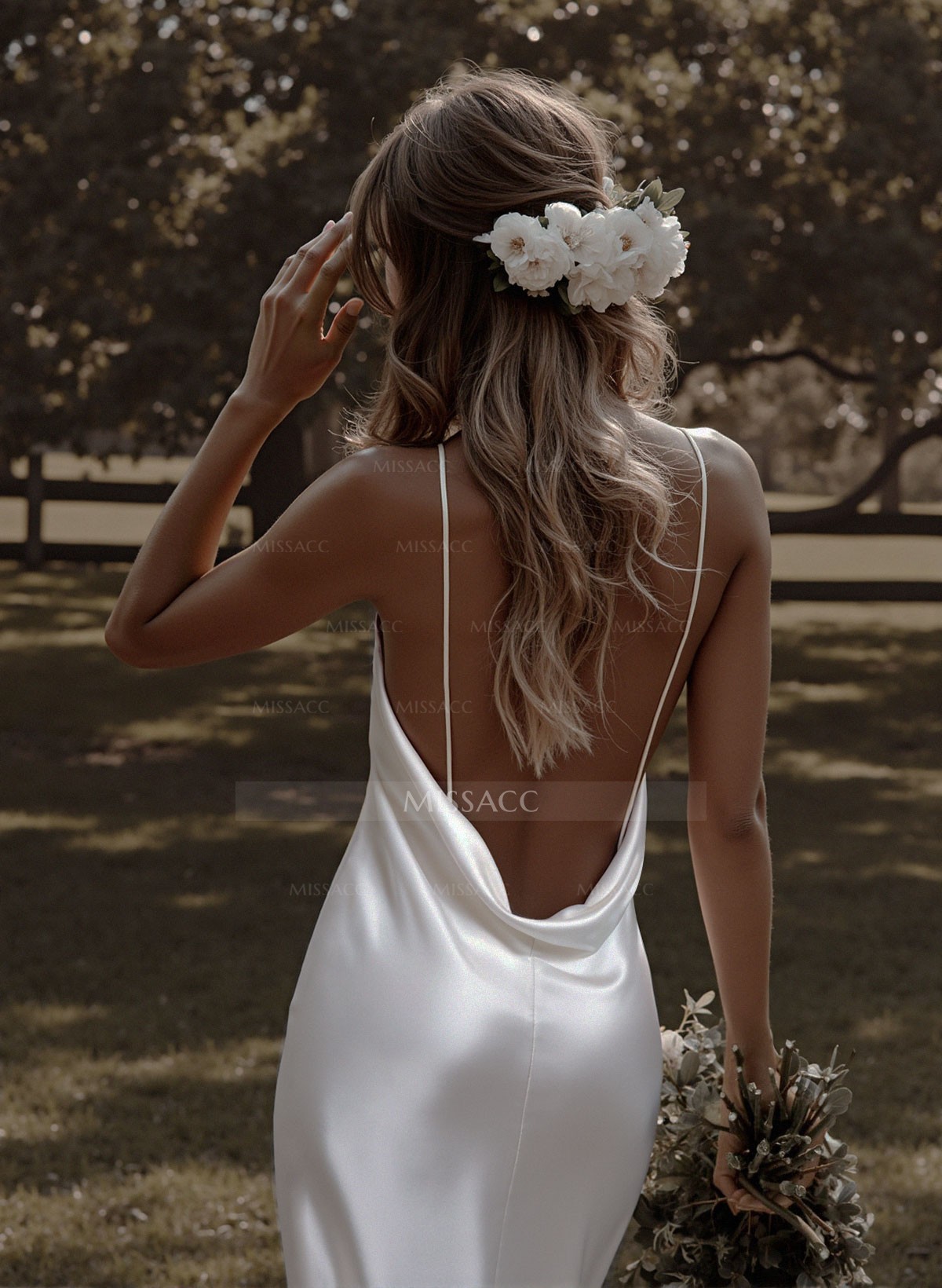 Beach Open Back Silk Like Satin Spaghetti Straps Wedding Dress