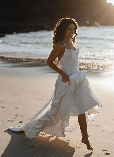 Modern A Line Tied Back Silk Like Satin Wedding Dress