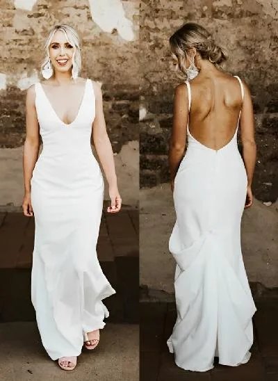 Open Back Mermaid Elastic Satin V-Neck Wedding Dress