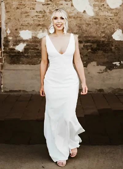 Open Back Mermaid Elastic Satin V-Neck Wedding Dress