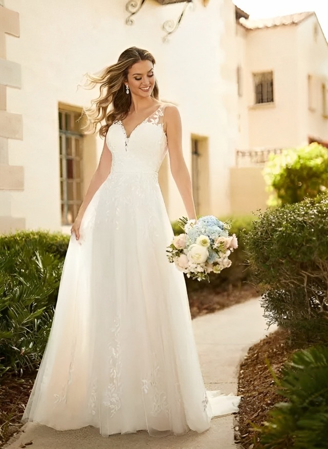 A-Line Tulle V-Neck Sleeveless Wedding Dress