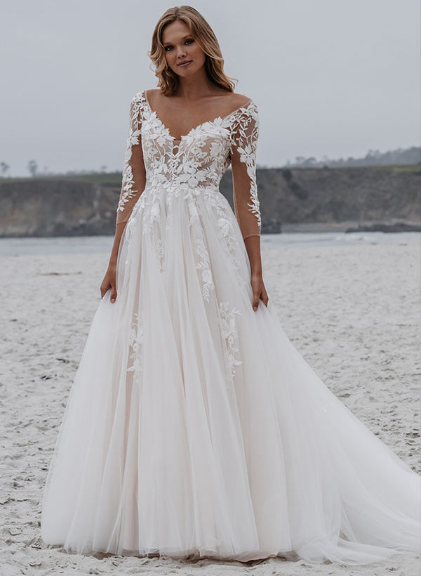 A-Line Tulle V-Neck Open Back Wedding Dress With Appliques Lace - Missacc